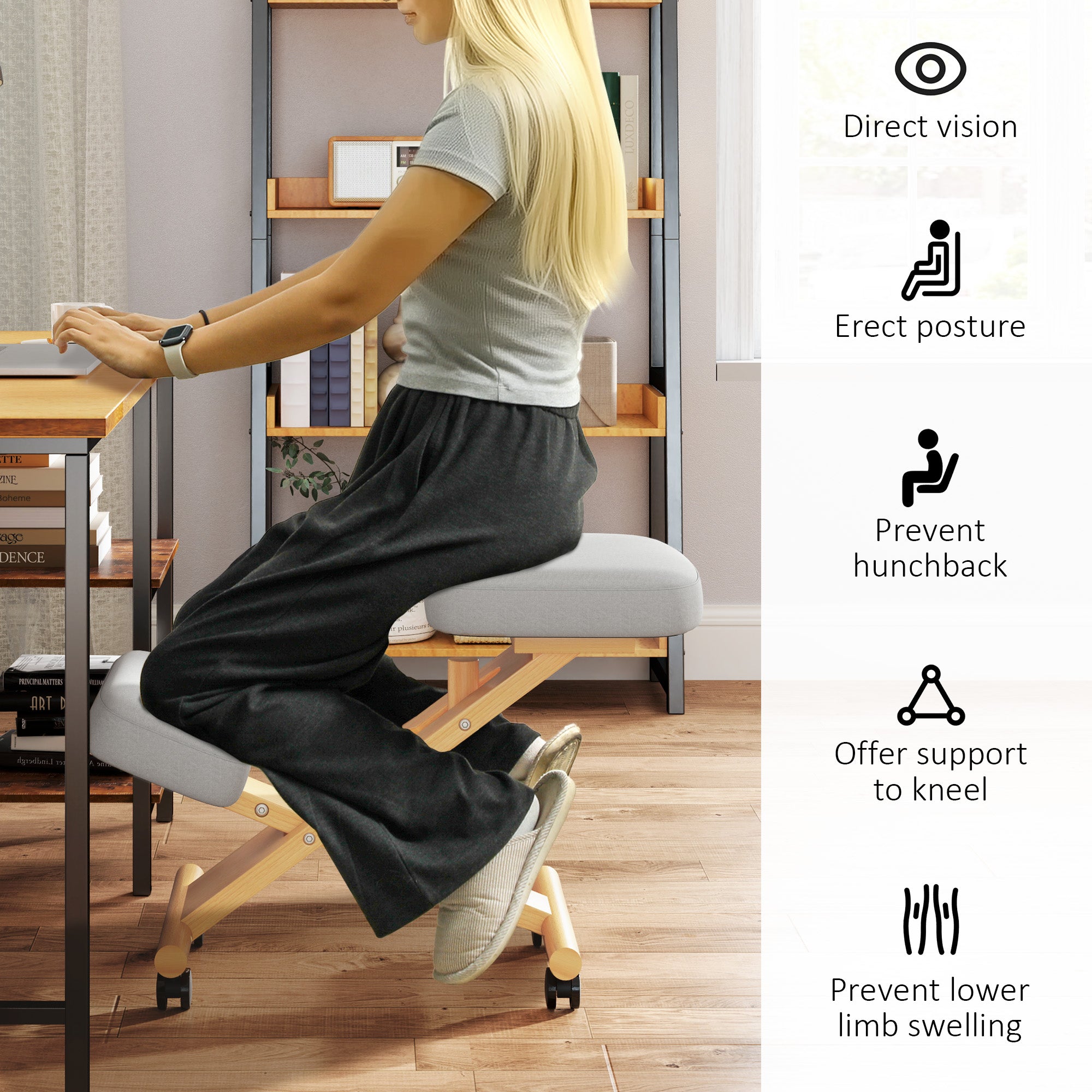 HOMCOM Ergonomic Kneeling Chair, Adjustable Wood Knee Stool with Cushion for Home, Posture Knee Chair with Casters, Cream White