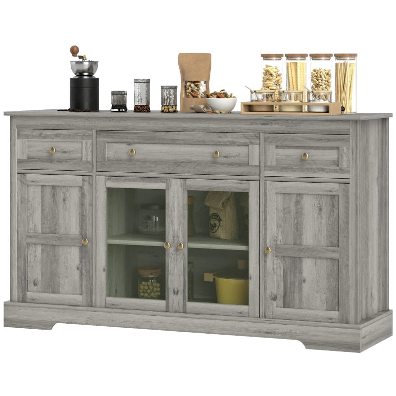 Dining Room Sideboard Buffet Cabinet with Storage, Coffee Bar Cabinet with Glass Doors and Adjustable Shelves, Weathered Grey Oak
