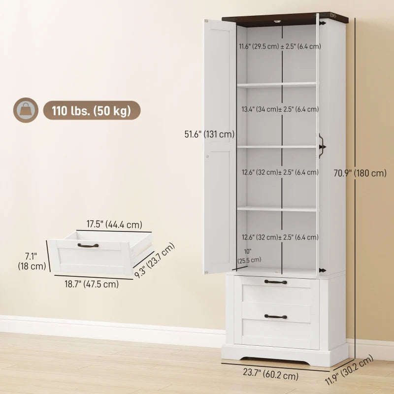 71" Tall Kitchen Pantry Cabinet, Farmhouse Kitchen Storage Cabinet with 2 Drawer and Adjustable Shelves, White