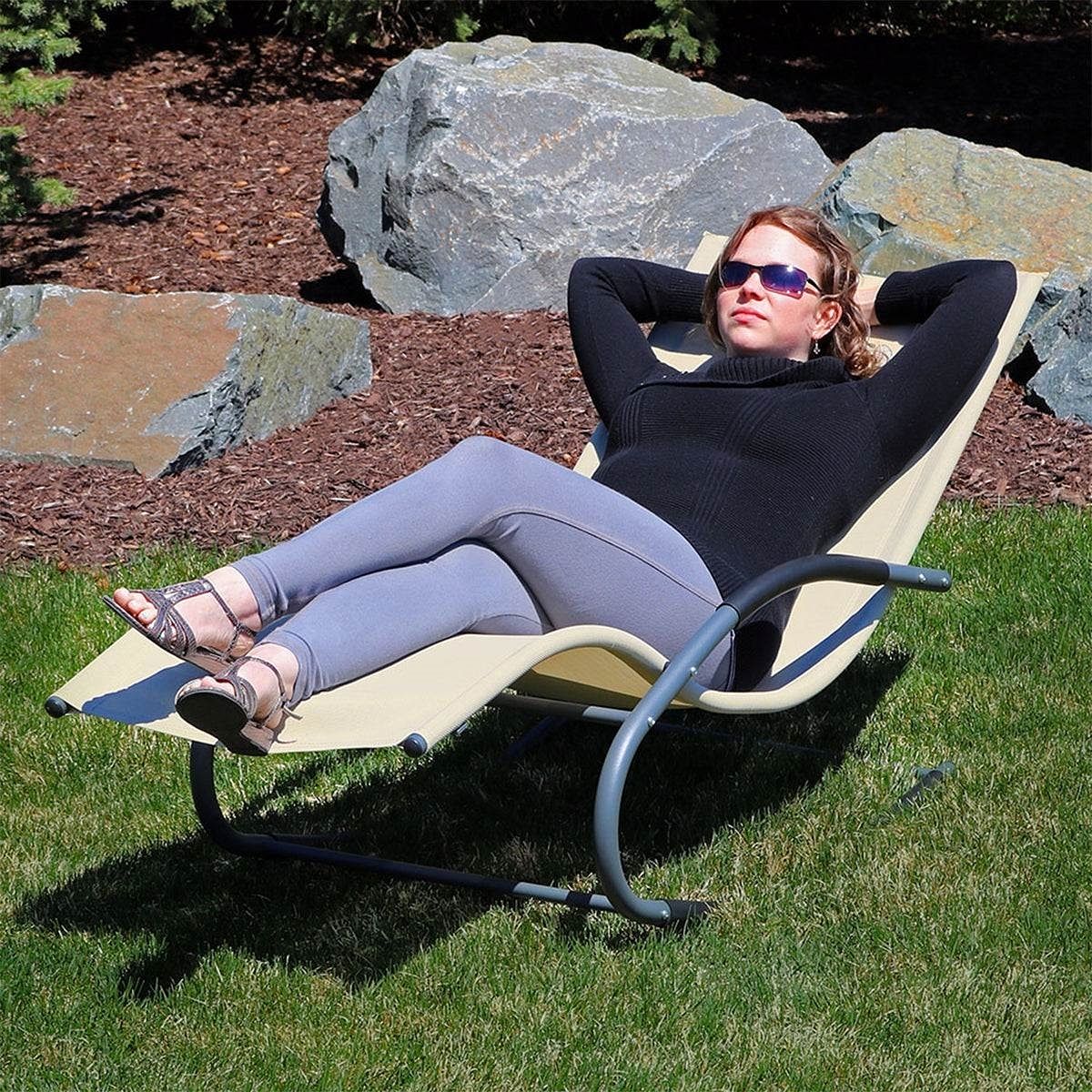 Modern Beige Rocking Chaise Lounger Patio Lounge Chair with Pillow - Free Shipping