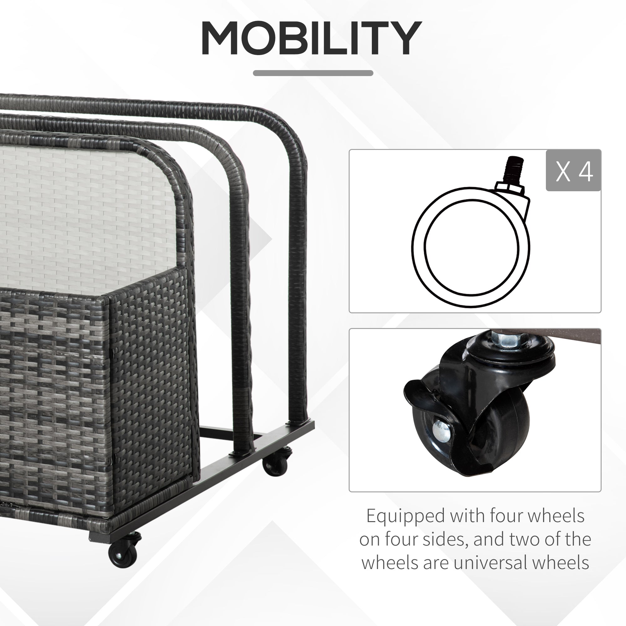 Outsunny Rattan Wicker Pool Storage Organizer Rolling for Floats Noodles Paddles Balls Towels Accessories Grey