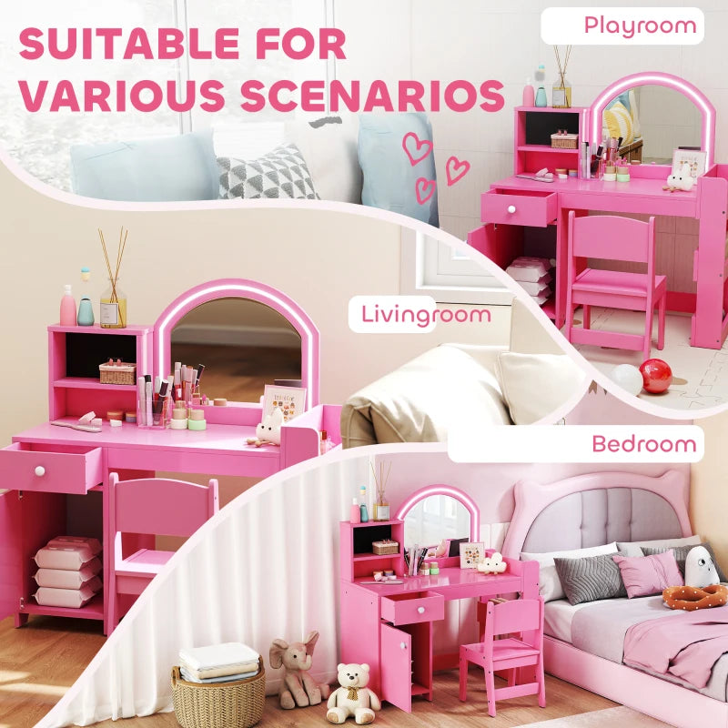 Qaba Kids Vanity Set, Toddler Dressing Table and Chair Set with Lighted Mirror, Cabinet, Drawer and Shelves, Pink