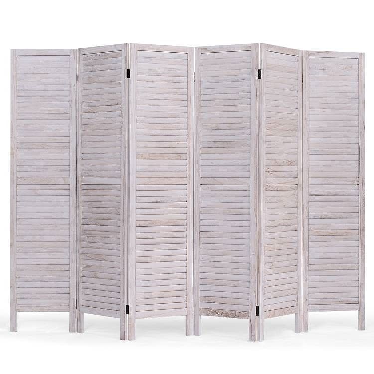 6-Panel Classic Louver Slatted Room Divider Screen in White Wood Finish - Free Shipping