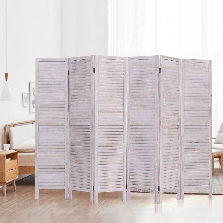 6-Panel Classic Louver Slatted Room Divider Screen in White Wood Finish - Free Shipping