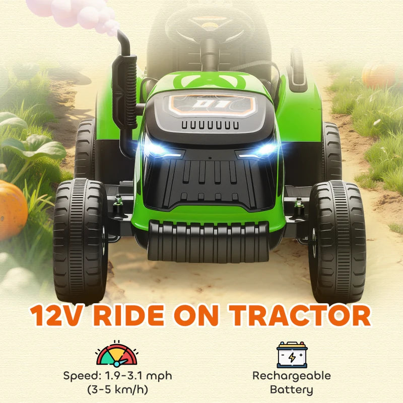 Qaba 12V Kids Ride On Tractor with Trailor, Remote Control, Music, Lights, Shifter, for Kids Ages 3-8 Years, Green