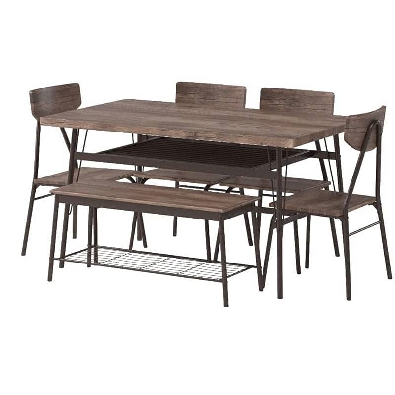 Modern 6-Piece Dining Set with Brown Wood Top Table 4 Chairs and Storage Bench - Free Shipping