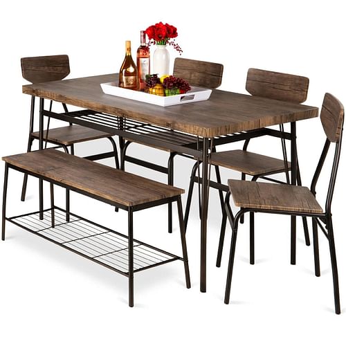 Modern 6-Piece Dining Set with Brown Wood Top Table 4 Chairs and Storage Bench - Free Shipping