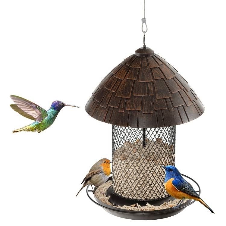 Outdoor Metal Mesh Tube Bird Feeder with Perch and Roof - Squirrel-Resistant - Free Shipping