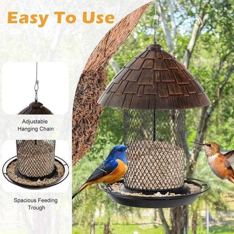 Outdoor Metal Mesh Tube Bird Feeder with Perch and Roof - Squirrel-Resistant - Free Shipping