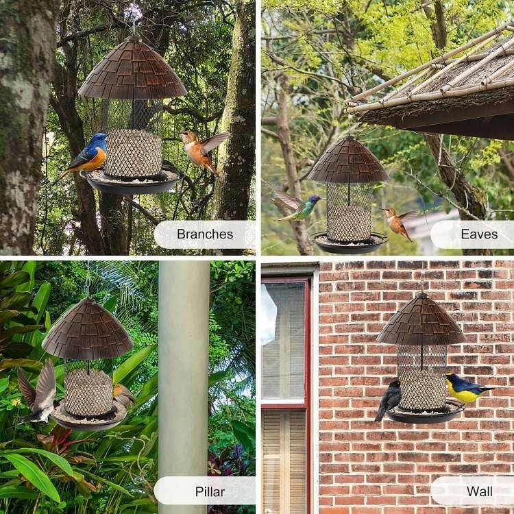 Outdoor Metal Mesh Tube Bird Feeder with Perch and Roof - Squirrel-Resistant - Free Shipping