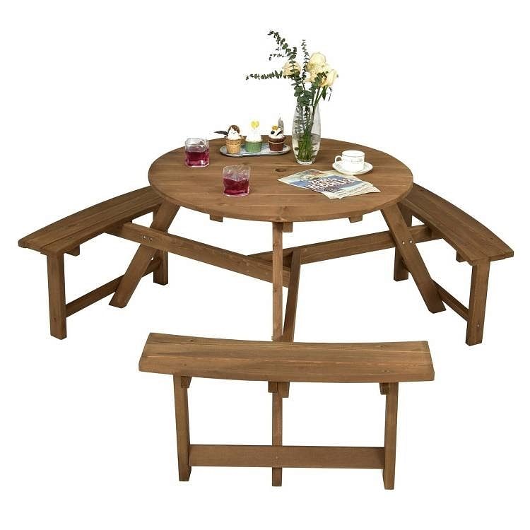 Outdoor Solid Wood Round Picnic Table Set with Umbrella Hole and 3 Benches - Free Shipping