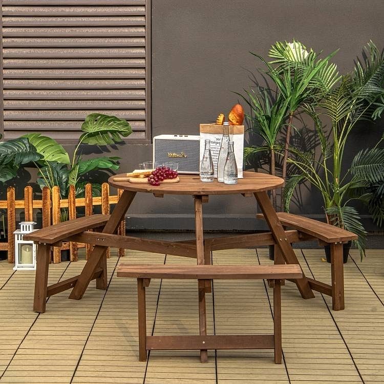 Outdoor Solid Wood Round Picnic Table Set with Umbrella Hole and 3 Benches - Free Shipping