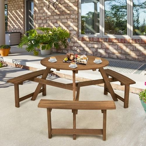 Outdoor Solid Wood Round Picnic Table Set with Umbrella Hole and 3 Benches - Free Shipping