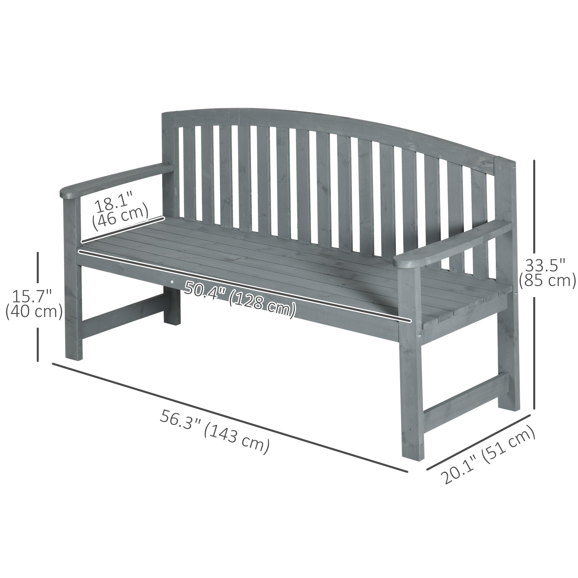 Outsunny Wooden Bench, Outdoor Bench with Slatted Design, Backrest, Armrests for Garden, Park, Backyard, Grey
