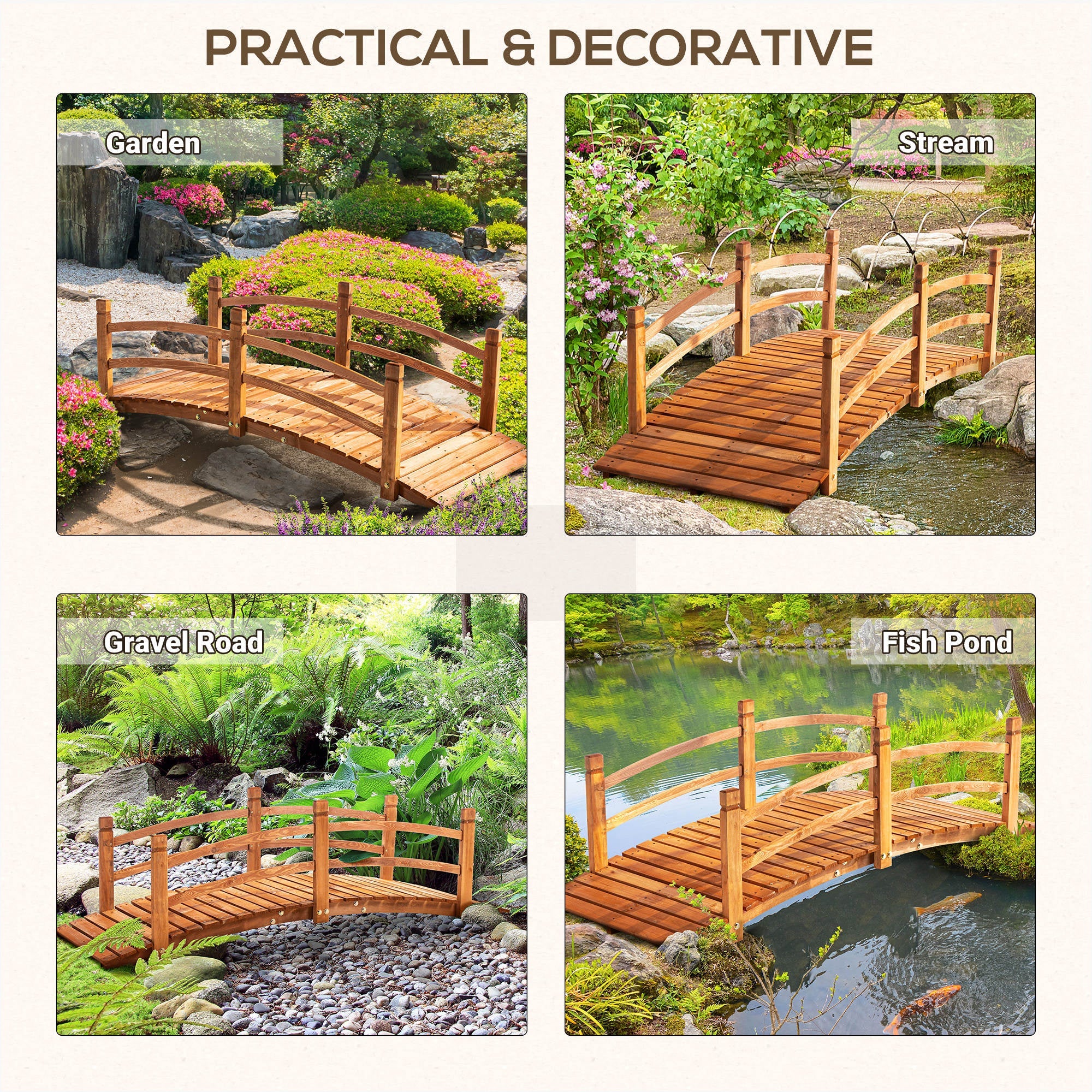 Outsunny 6FT Wooden Garden Bridge with Guardrails Classic Arc Footbridge for Stream Pond Walkway Outdoor Decor Orange