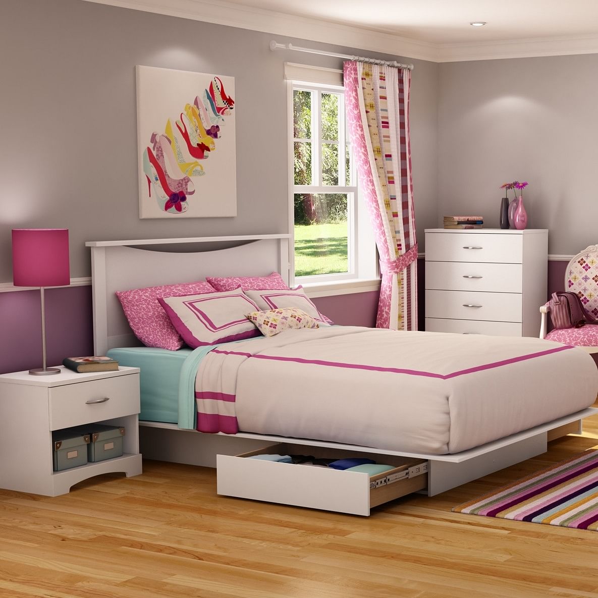 Queen size Modern Platform Bed with 2 Storage Drawers in White Finish - Free Shipping