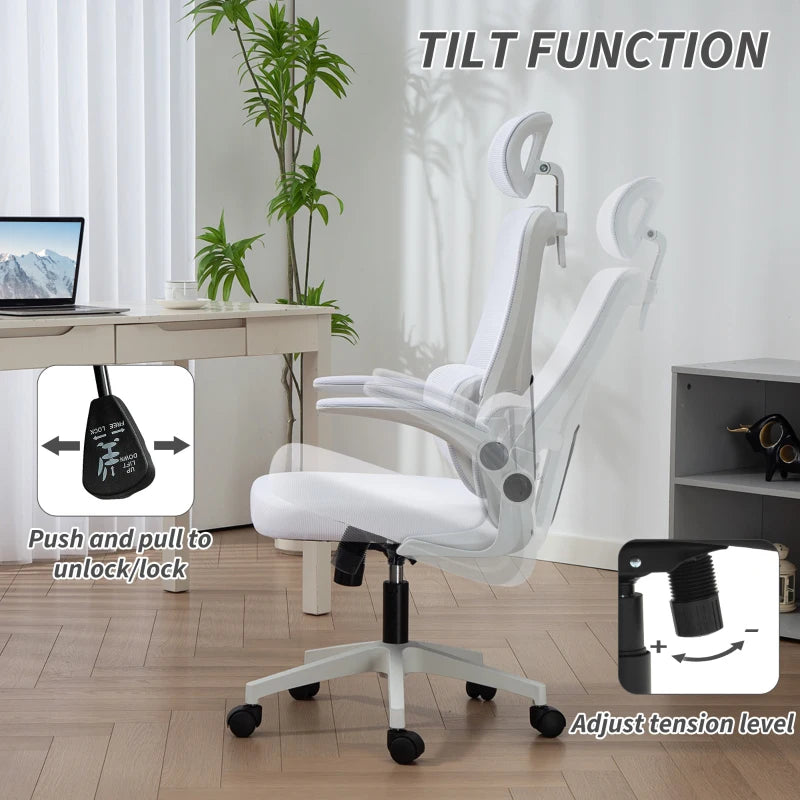 High Back Office Chair, Mesh Computer Chair with Rotatable Headrest, Lumbar Back Support, Adjustable Height, Cream White