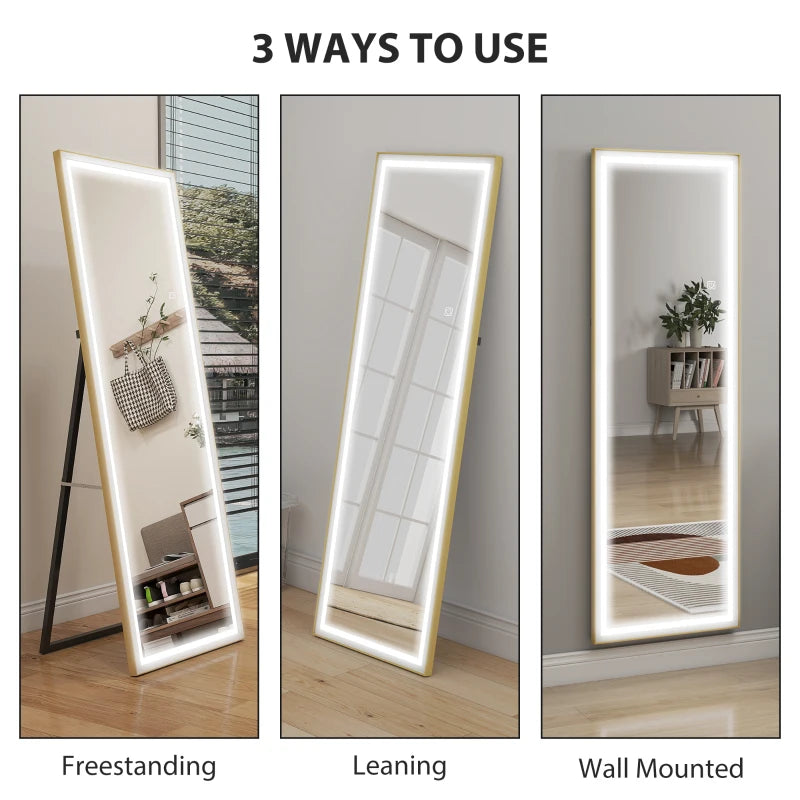 LED Mirror with Dimmable and 3 Colour Lights, 64" x 21" Rectangular Floor Mirror for Bedroom Living Room, Gold