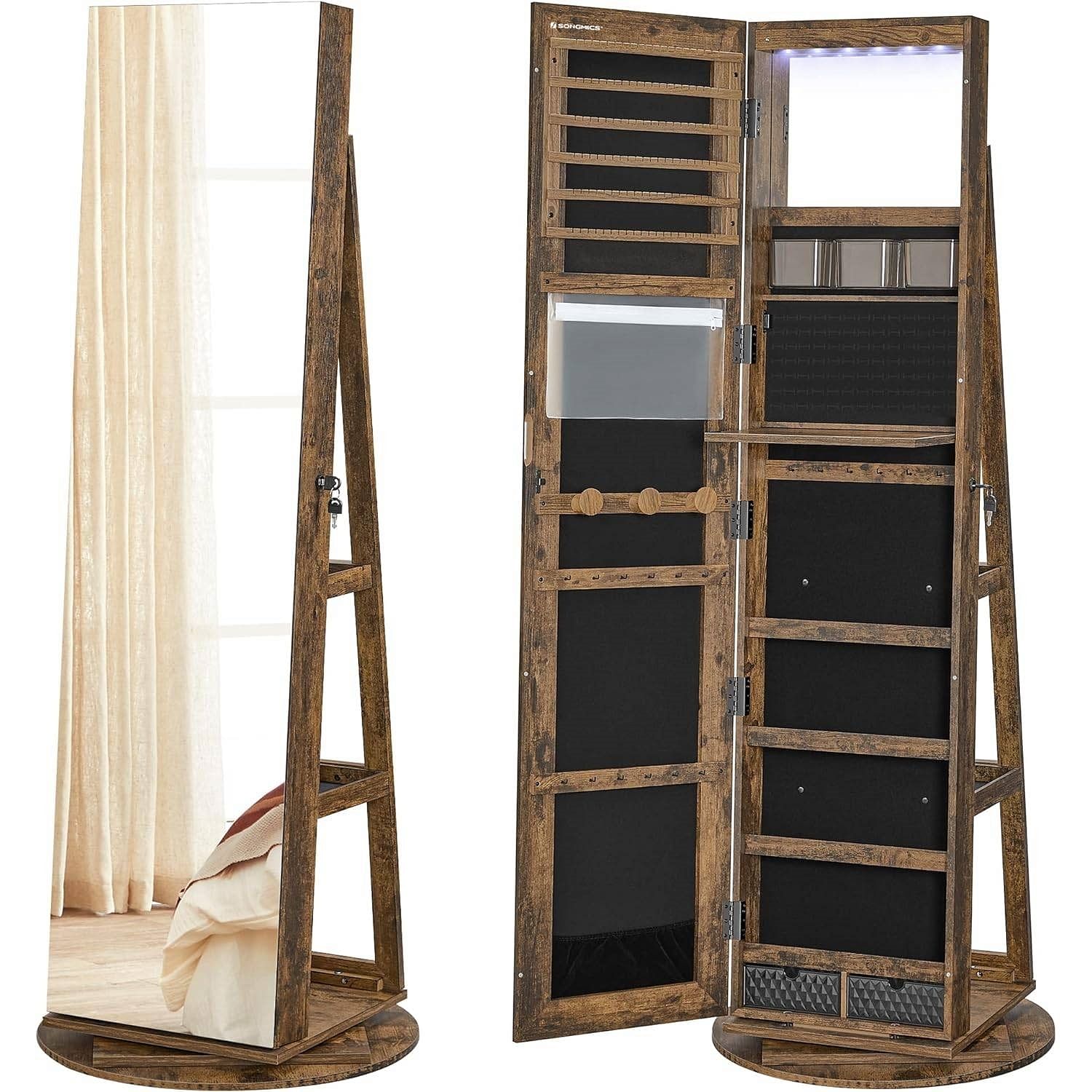 Rustic Brown Wood Jewelry Cabinet Armoire Organizer Freestanding Rotating Mirror - Free Shipping