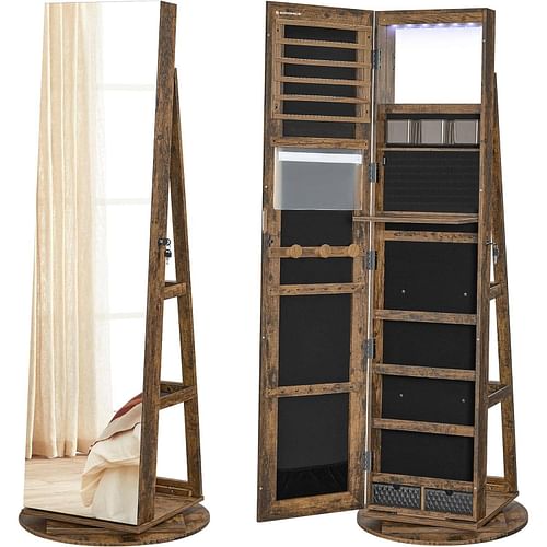 Rustic Brown Wood Jewelry Cabinet Armoire Organizer Freestanding Rotating Mirror - Free Shipping