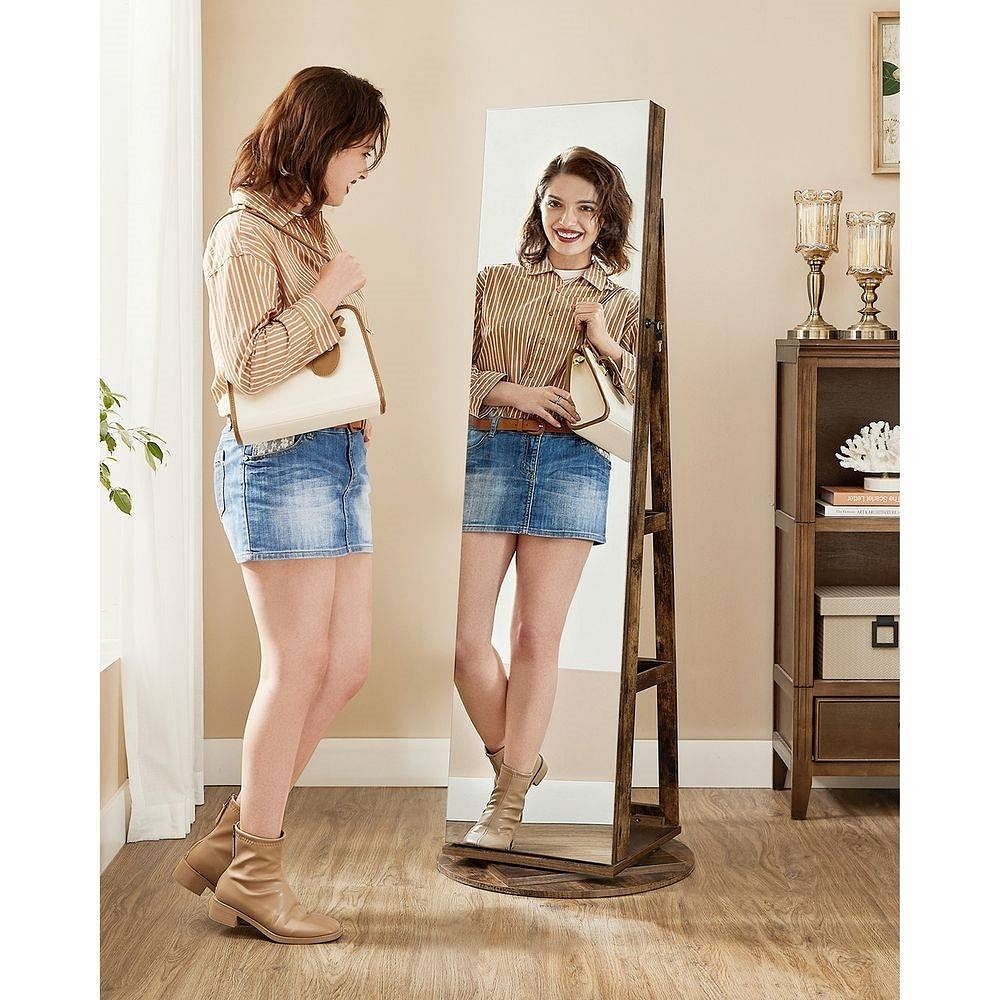Rustic Brown Wood Jewelry Cabinet Armoire Organizer Freestanding Rotating Mirror - Free Shipping