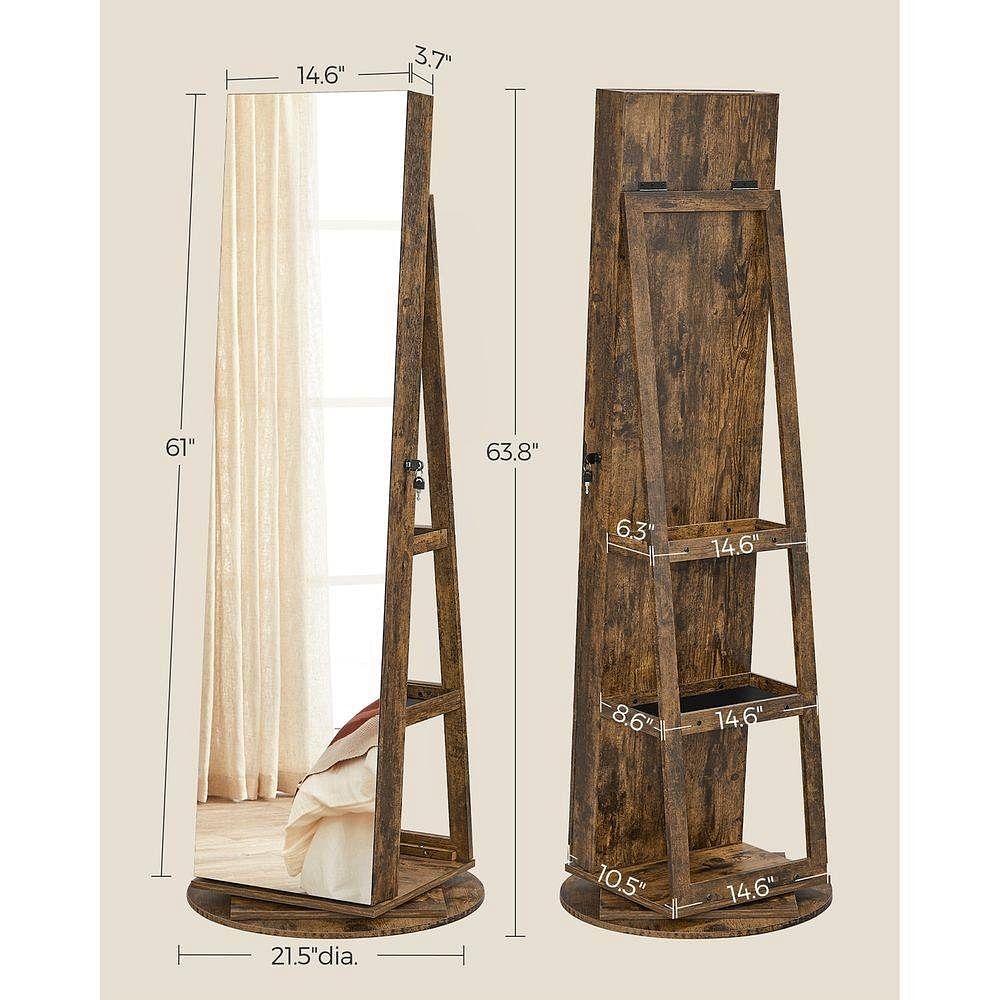Rustic Brown Wood Jewelry Cabinet Armoire Organizer Freestanding Rotating Mirror - Free Shipping