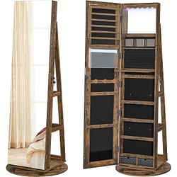 Rustic Brown Wood Jewelry Cabinet Armoire Organizer Freestanding Rotating Mirror - Free Shipping