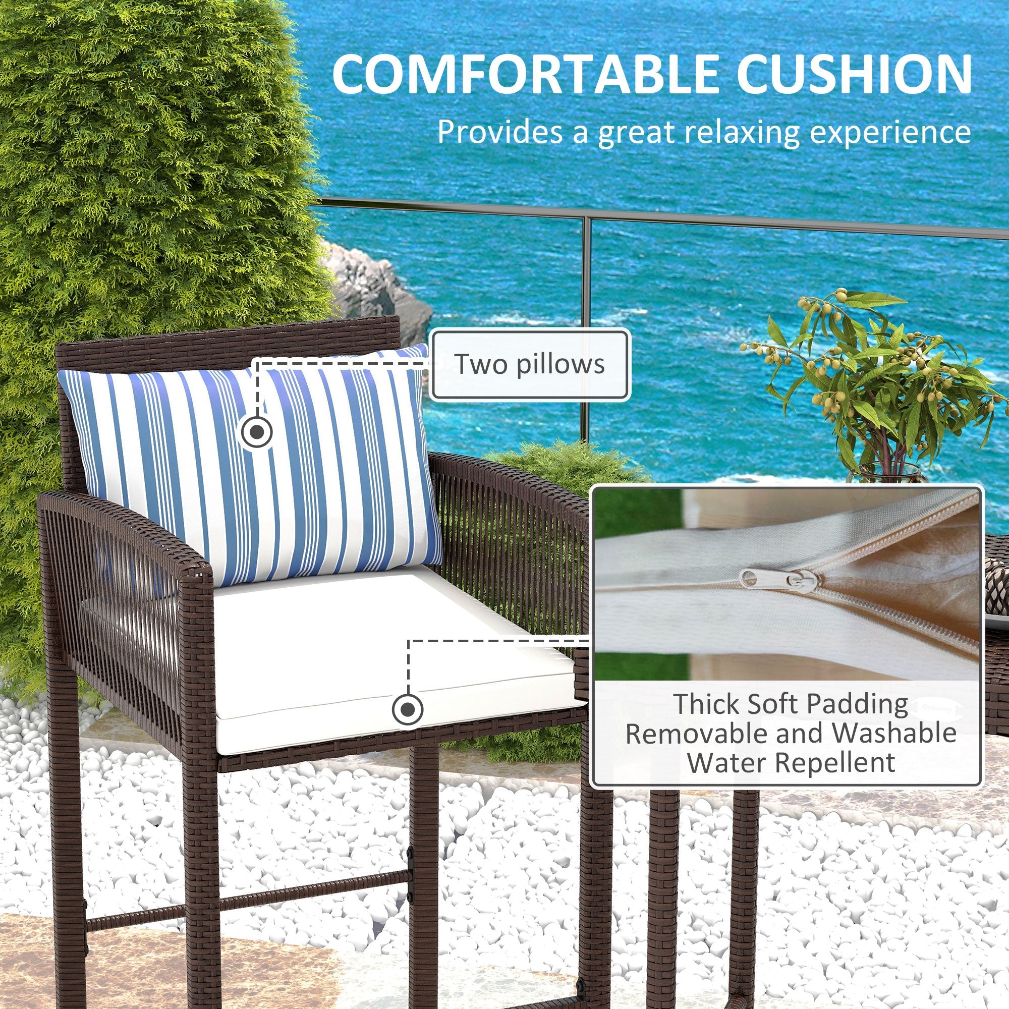 Outsunny 3-Piece Wicker Bar Set Patio Bar Table Chair with Cushions Poolside 25.2" x 19.3" x 37" White