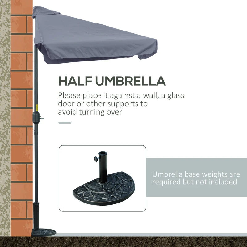 7.5ft Half Umbrella Semi Patio Parasol with Crank Handle, Top Vent for Garden, Balcony- NO BASE INCLUDED, Grey
