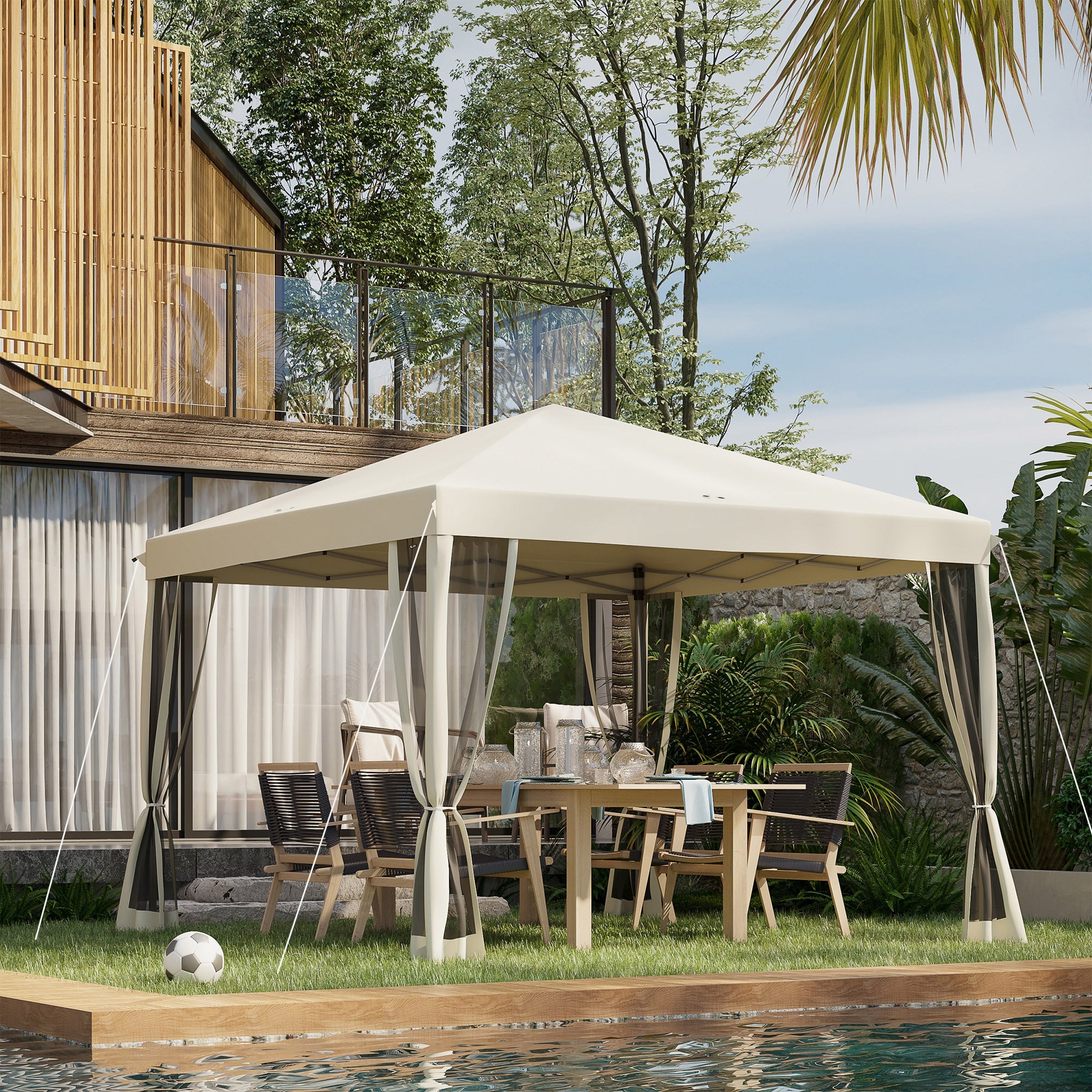 Outsunny 10' x 10' Pop Up Canopy Tent Gazebo with Removable Mesh Sidewall Netting, Carry Bag for Backyard Patio Outdoor, Beige