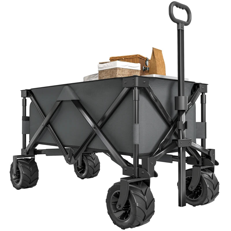 Outdoor Pull Along Trailer Folding Camping Trailer for Beach Garden with Handle, Anti-Slip Wheel - Dark Grey