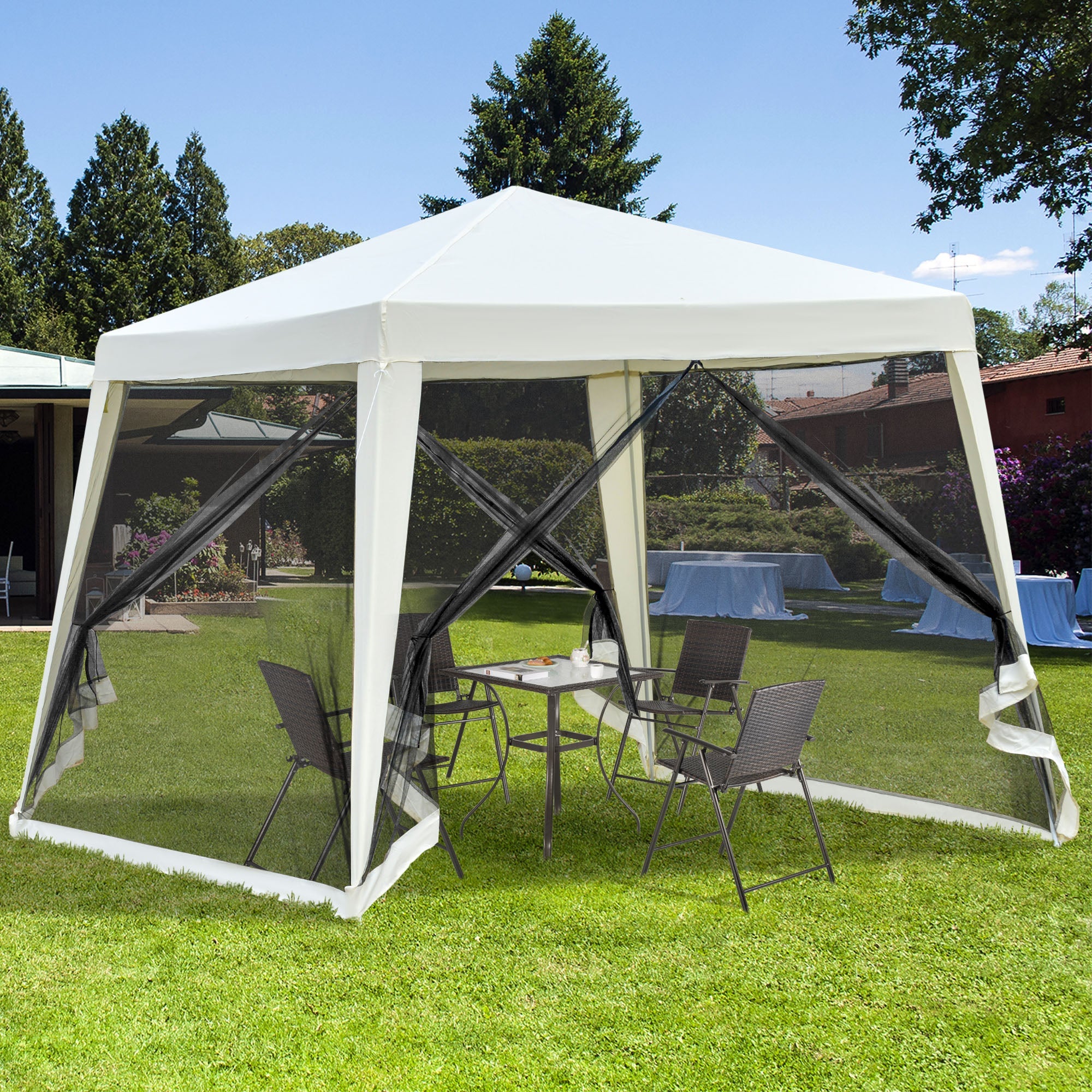 Outsunny 10x10ft Beige Party Tent with Netting - Outdoor Patio Canopy Gazebo for Sun Shade and Garden Shelter
