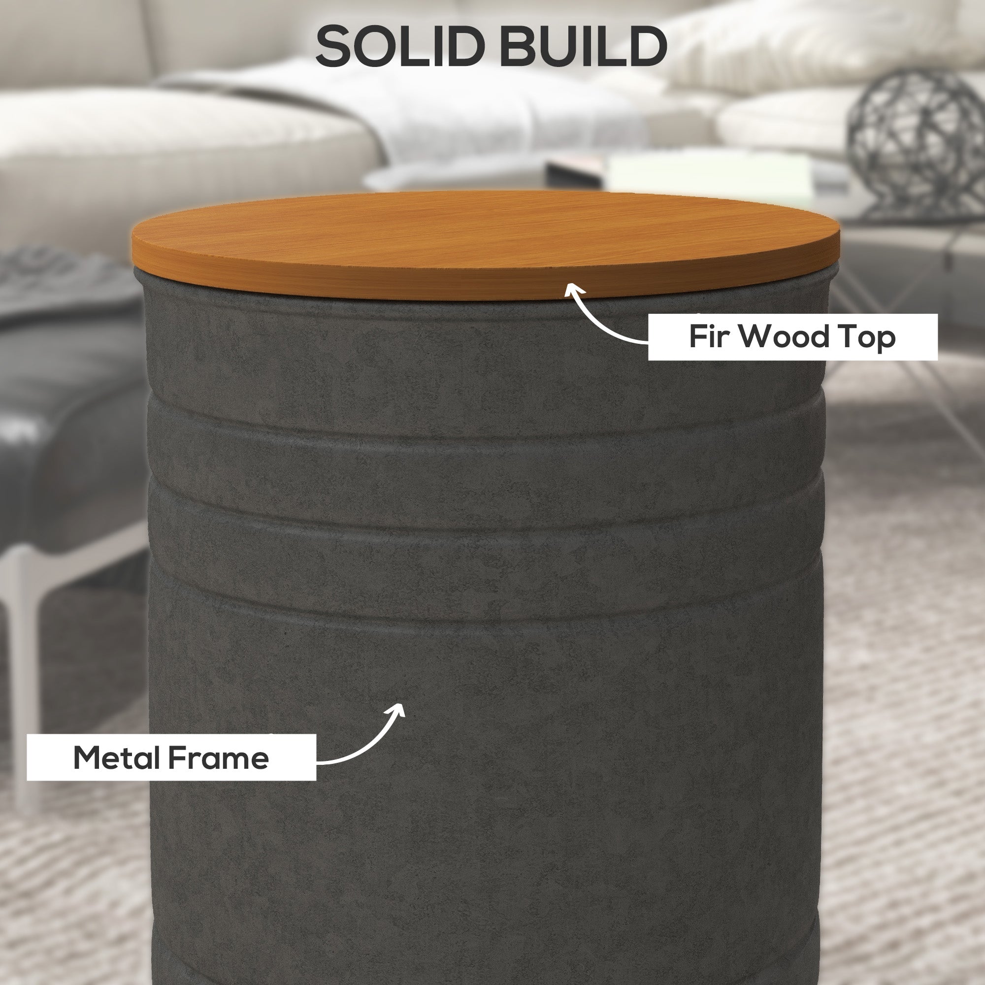 HOMCOM Round Side Table Set of 2, Nesting Coffee Tables w/ Wooden Lid, Galvanized Sheet Frame and Hidden Storage Space, Grey