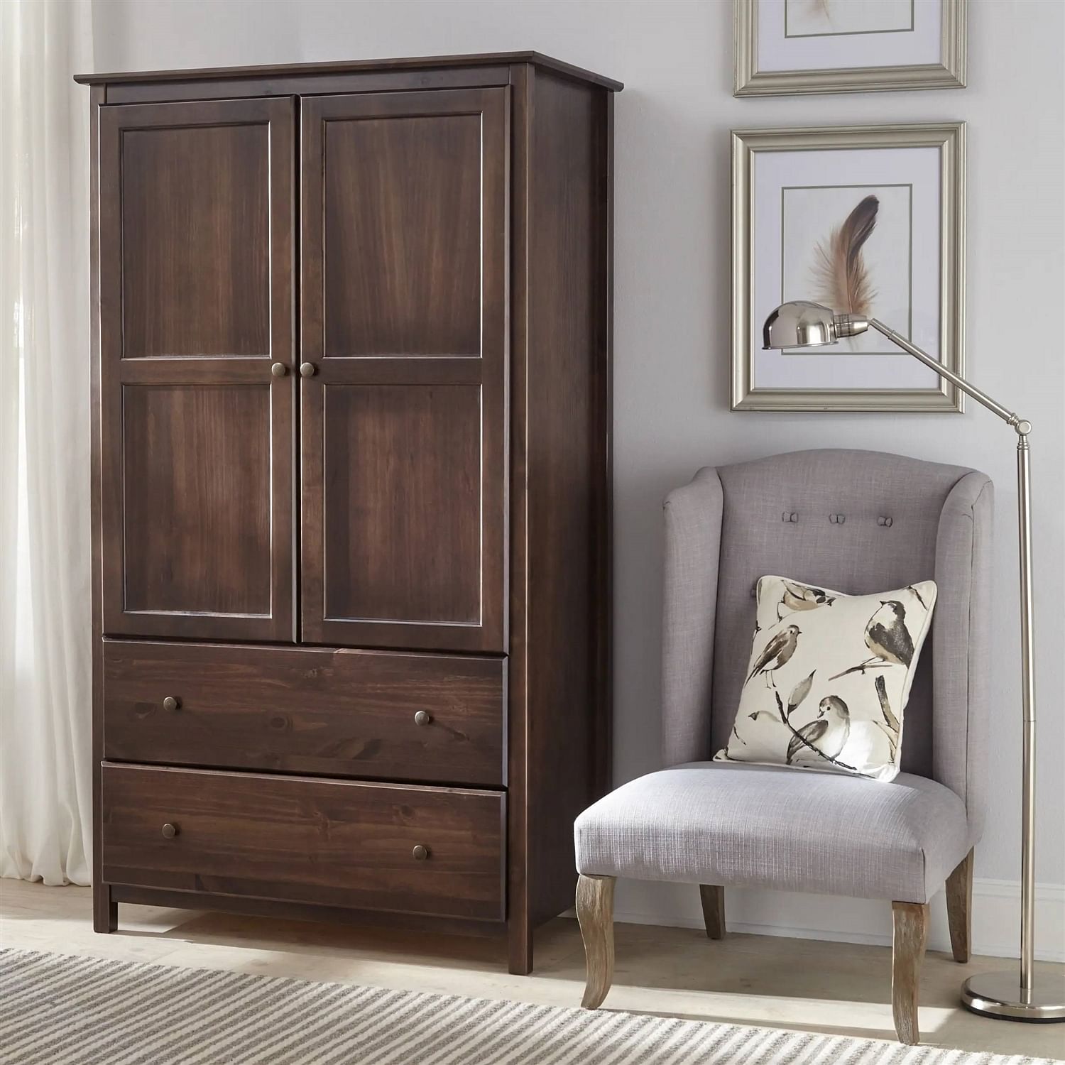 Brown Espresso Solid Wood Bedroom Armoire Wardrobe Cabinet with Hanging Bar - Free Shipping