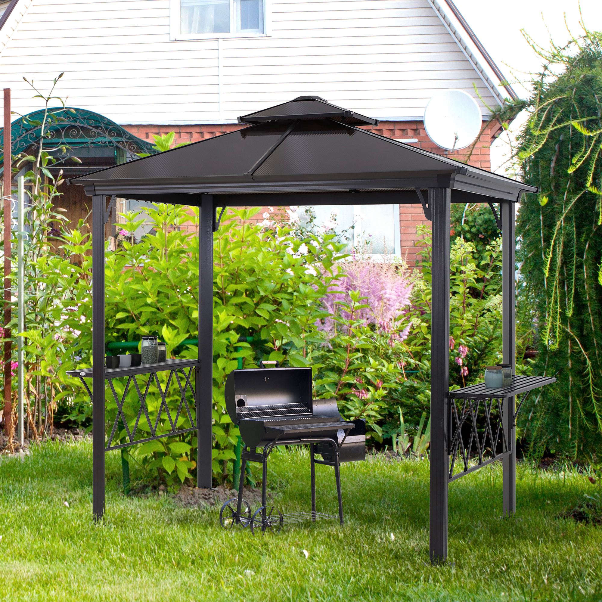 Outsunny Hardtop Grill Gazebo Outdoor BBQ Canopy with Utensil Hooks Double Vented Roof Coffee