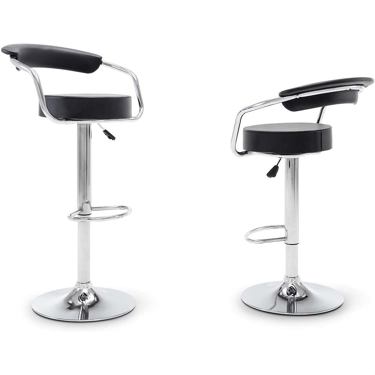Set of 2 Modern Bar Stools with Black Faux Leather Round Seat with Footrest - Free Shipping
