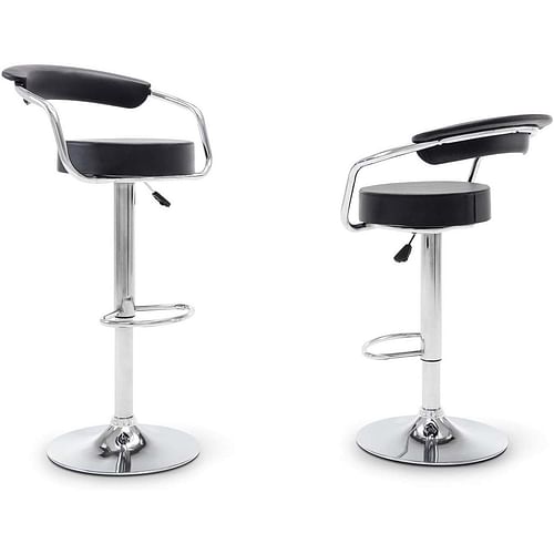 Set of 2 Modern Bar Stools with Black Faux Leather Round Seat with Footrest - Free Shipping