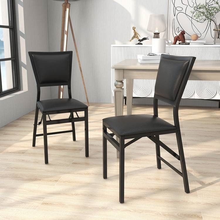 Set of 2 - Modern Black Metal Folding Dining Chairs with PU Leather Seat Cushion - Free Shipping