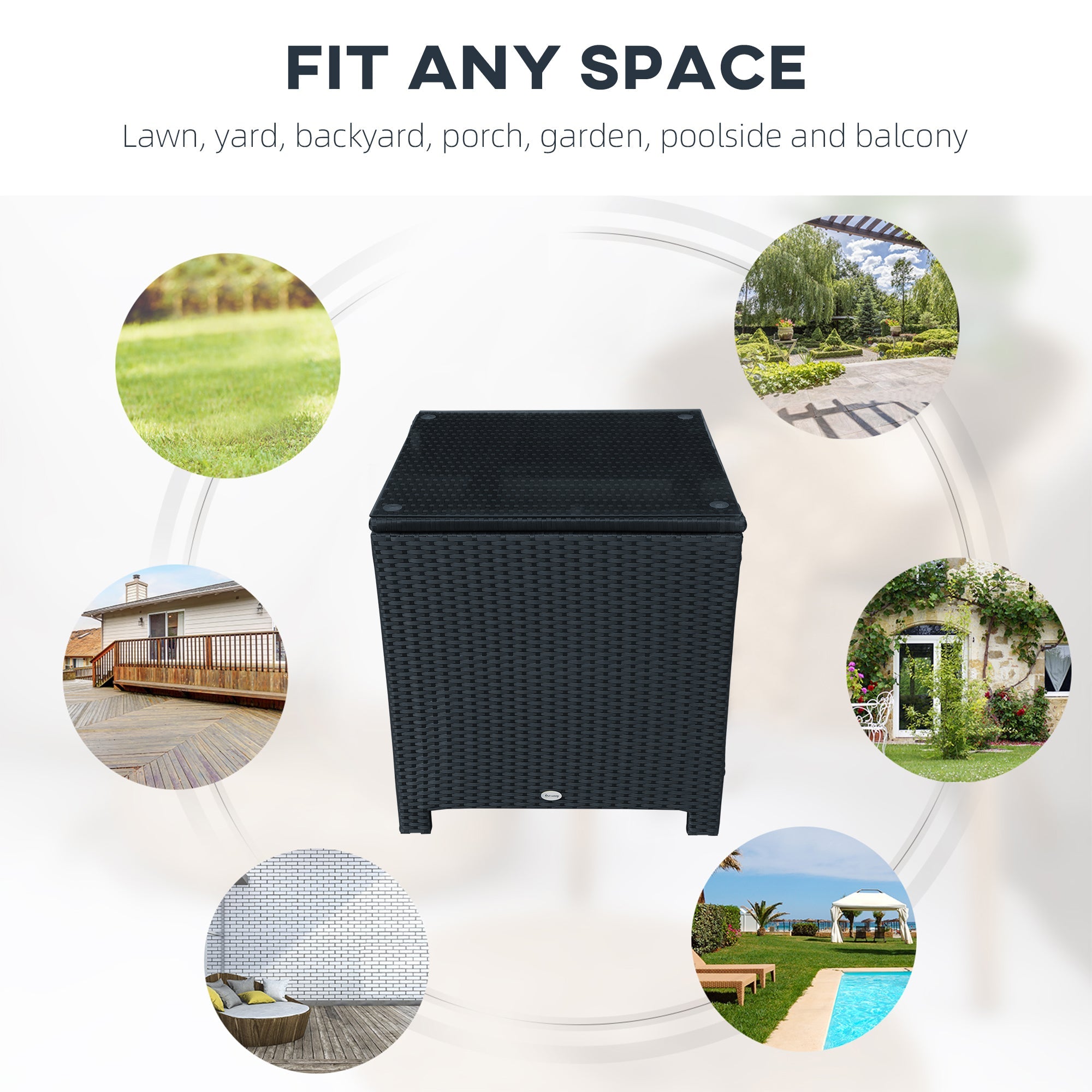 Outsunny Rattan Wicker Side Coffee Table w Glass Top Outdoor Patio Furniture Black