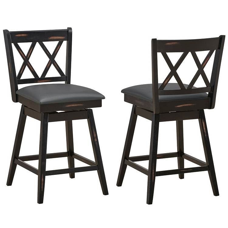 Set of 2 Black Wood 24-in Counter Height Farmhouse Swivel Cushion Seat Barstools - Free Shipping
