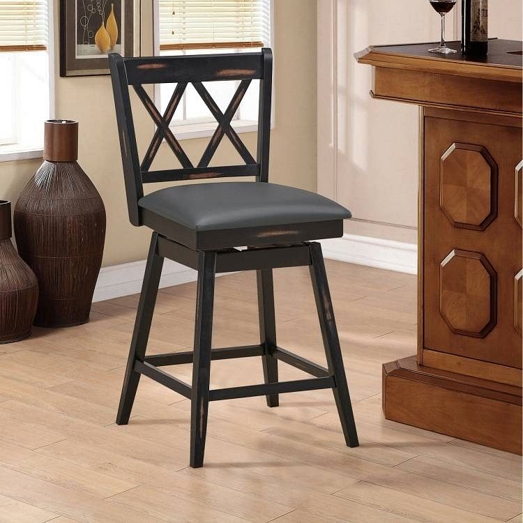 Set of 2 Black Wood 24-in Counter Height Farmhouse Swivel Cushion Seat Barstools - Free Shipping
