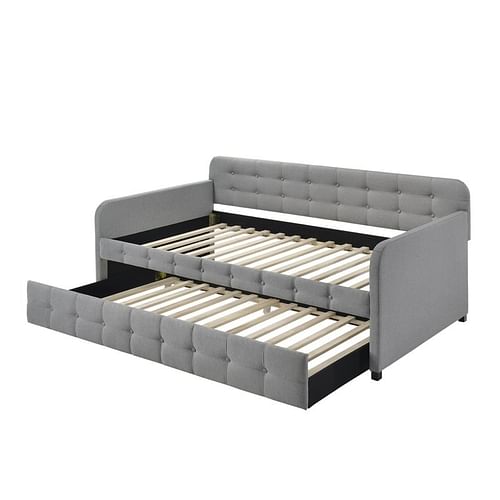 Gray Tufted Polyester Linen Twin Daybed with Trundle - Free Shipping