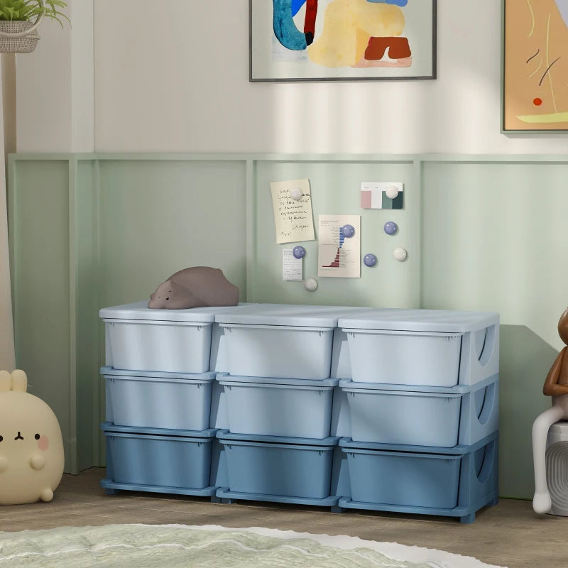 Qaba 3 Tier Kids Toy Organizer and Storage Bins with 9 Plastic Drawers, Blue