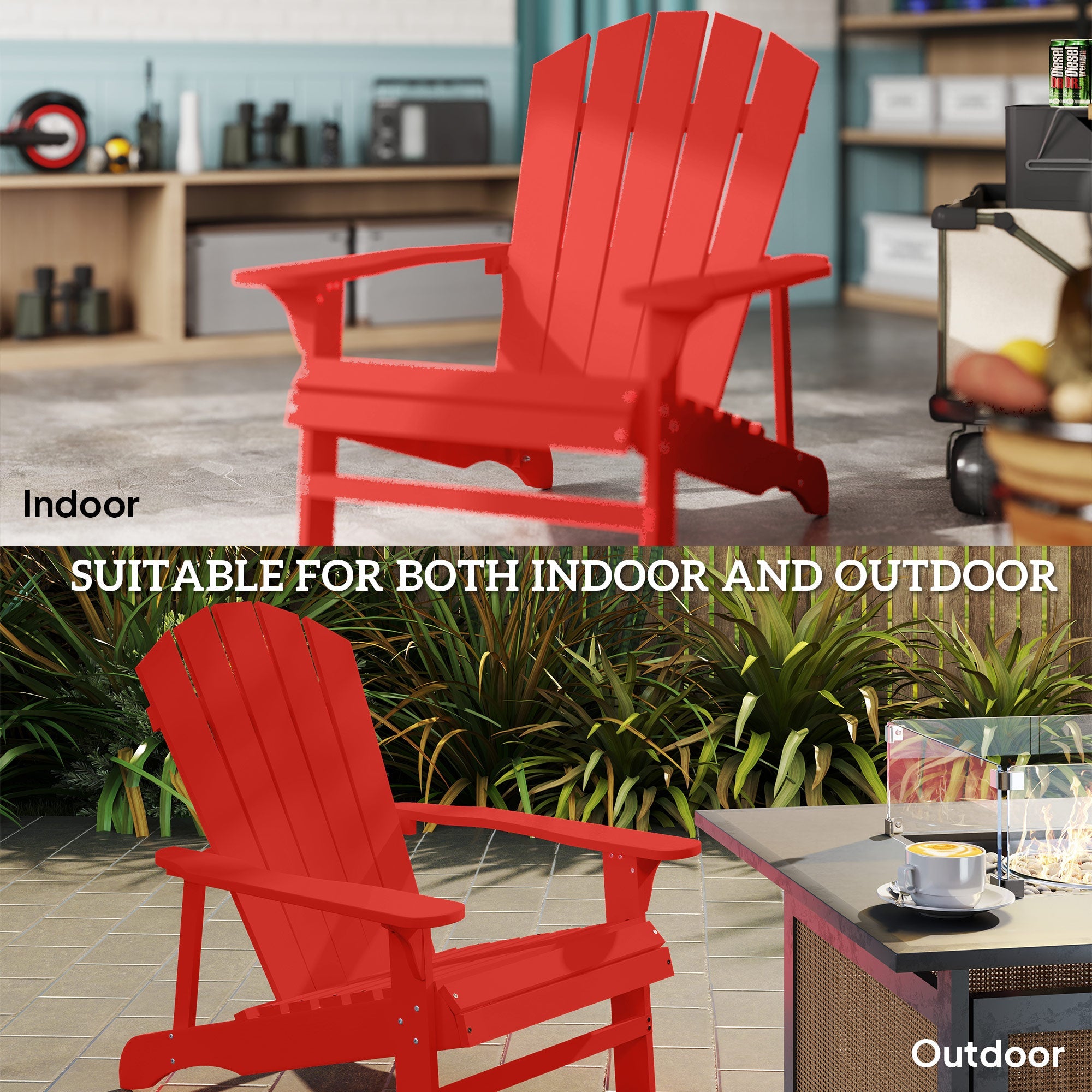 Outsunny Wood Adirondack Chair, Outdoor Patio Muskoka Chair with Slatted Design for Deck, Garden, Backyard, Fire Pit, Red
