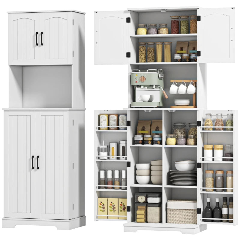 71.5" Tall Pantry Cabinet, Farmhouse Kitchen Storage Cabinet with Adjustable Shelves, 8 Door Spice Racks, White