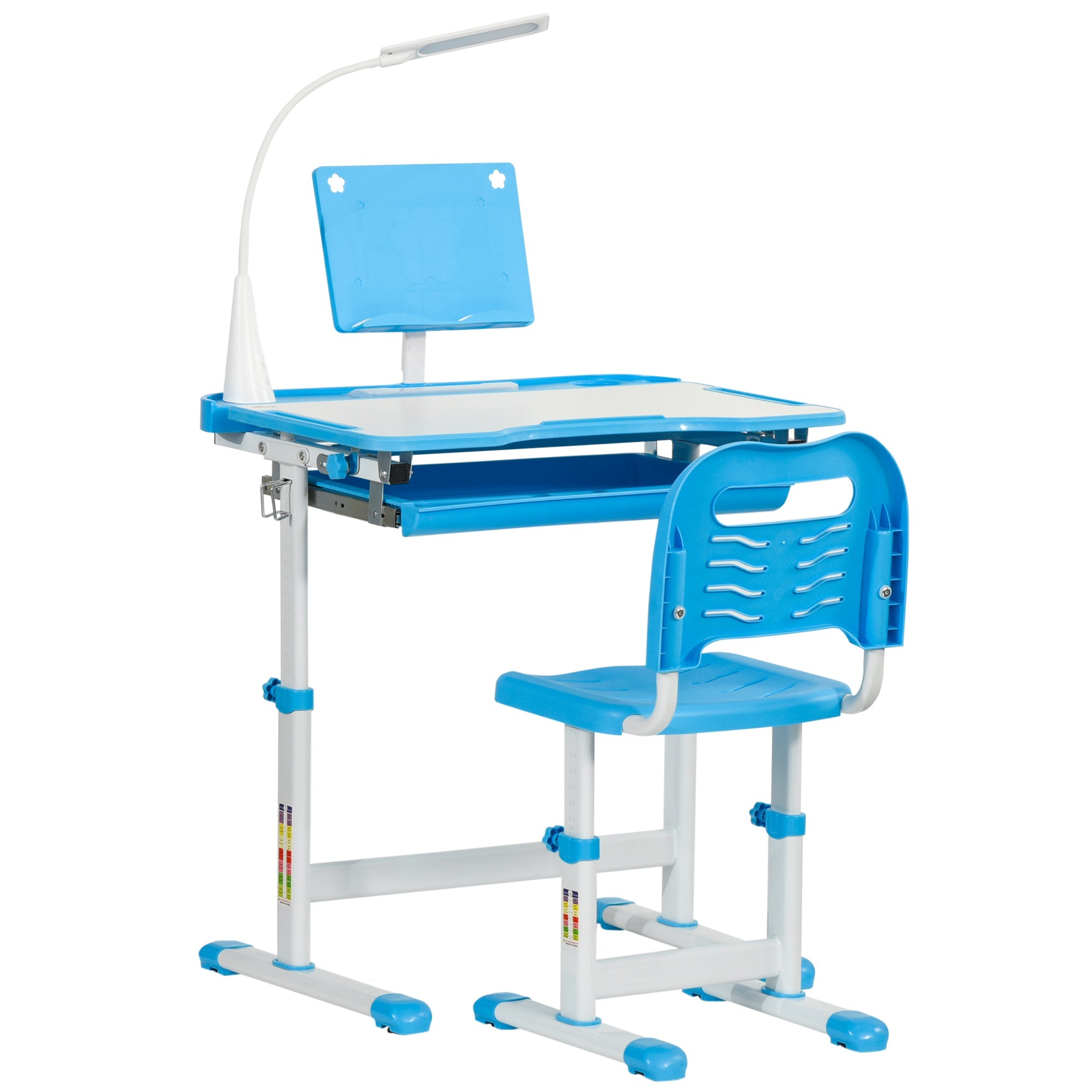 Qaba Adjustable Kids Desk Chair Set with Tilt Desktop LED Lamp Blue for Student Study Comfort