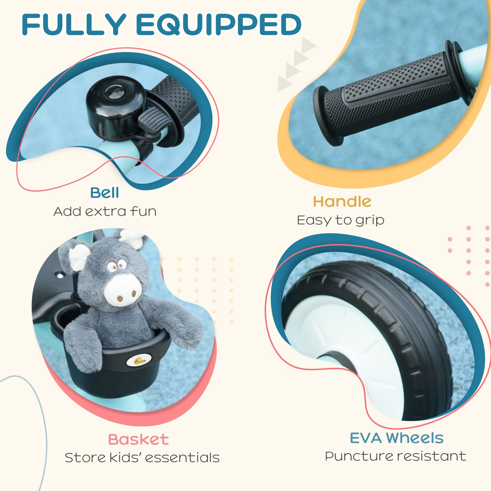 Qaba Kids Tricycle: Adjustable Seat 2-5 Years, Basket, Bell, for Girls/Boys, Blue, Toddler Trike