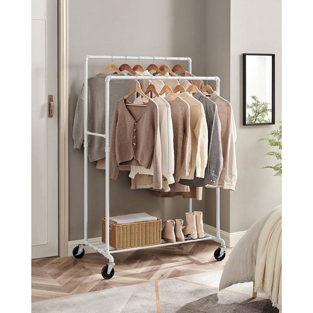 Heavy Duty White Pipe Double-Rod Garment Clothes Rack with Locking Wheels - Free Shipping