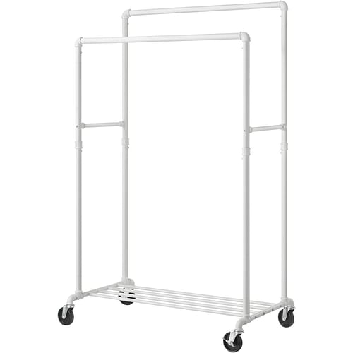 Heavy Duty White Pipe Double-Rod Garment Clothes Rack with Locking Wheels - Free Shipping
