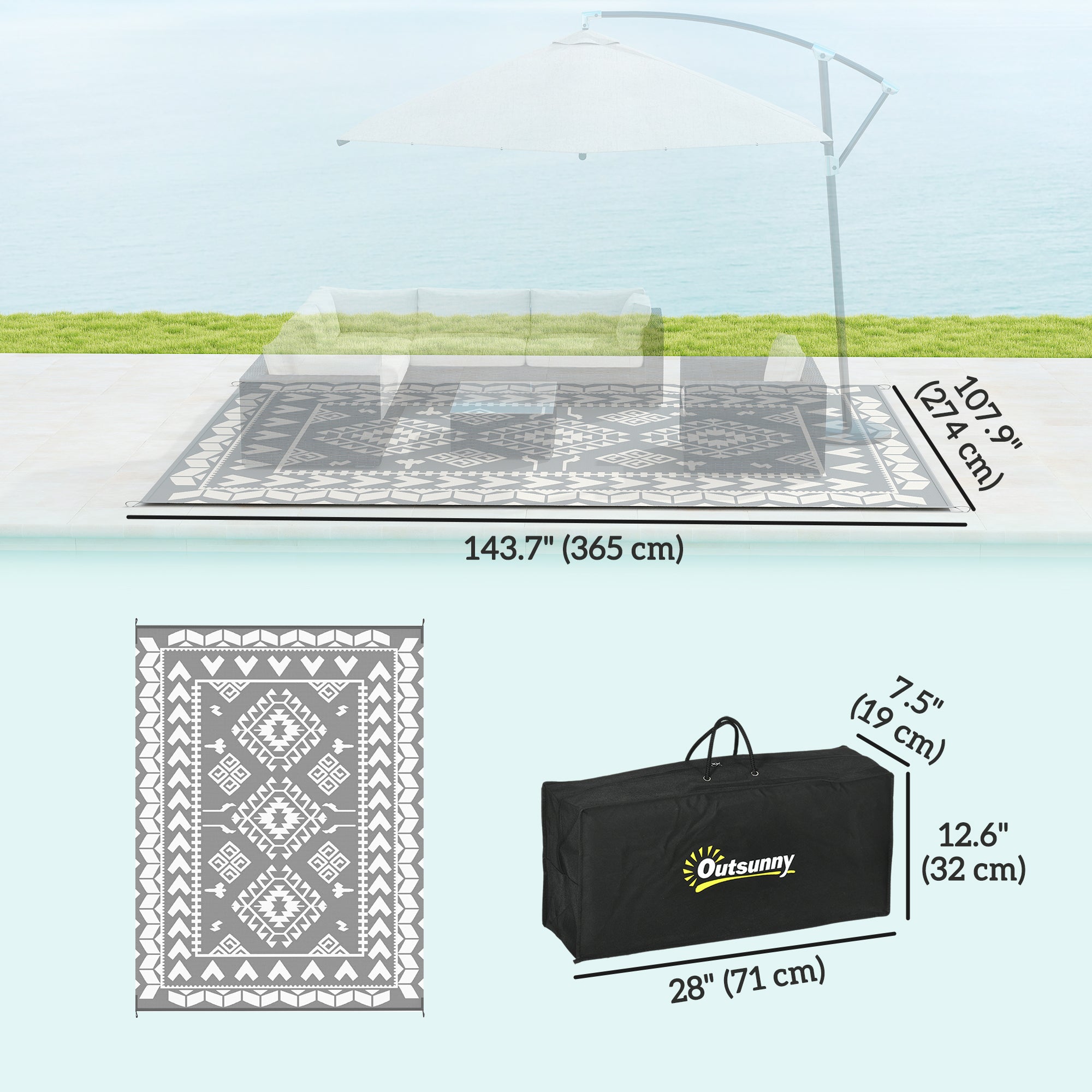 Outsunny 9' x 12' Outdoor RV Rug, Reversible Patio Floor Mat with Carry Bag, Rhombus Patchwork, Grey and White
